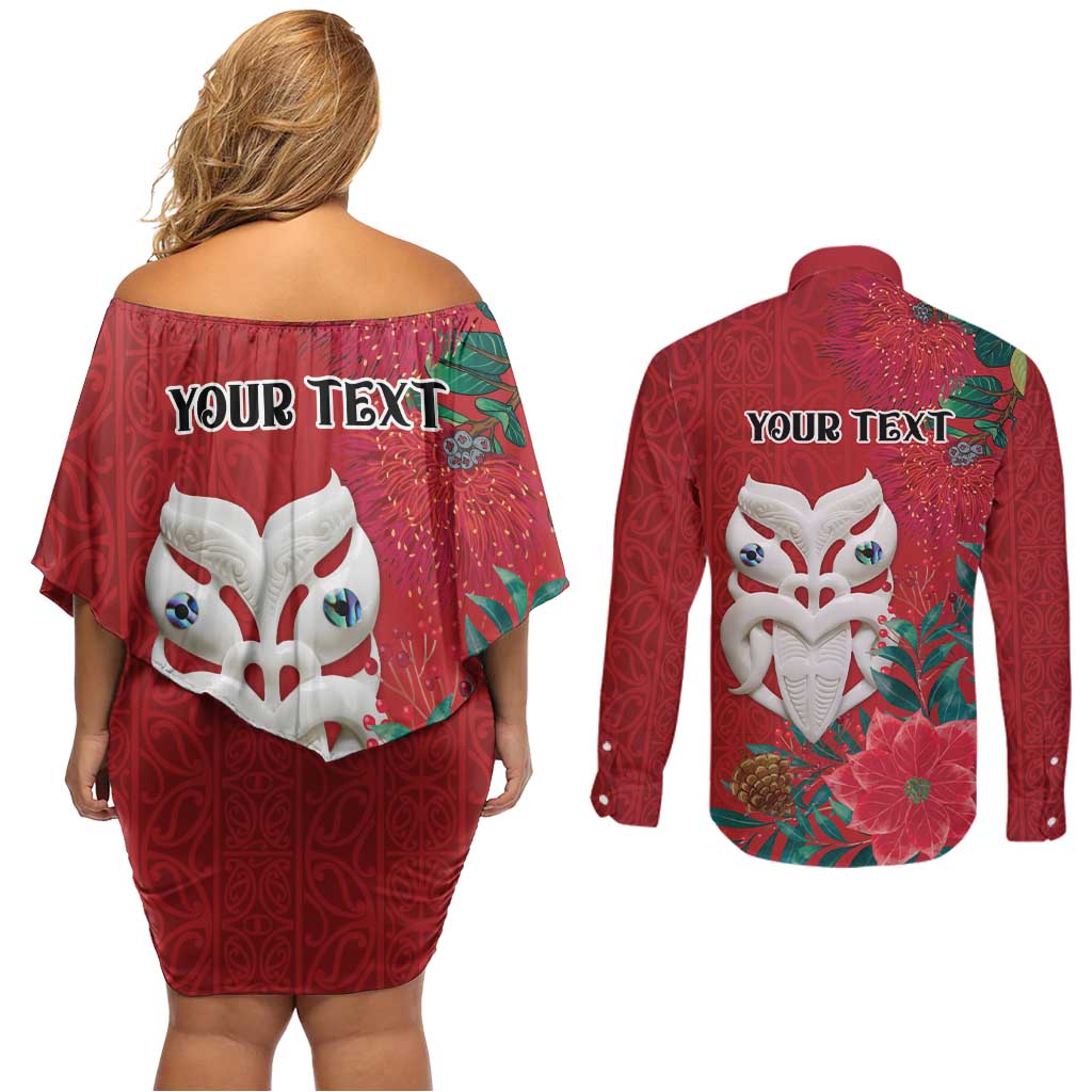 Maori Wheku Meri Kirihimete Personalised Couples Matching Off Shoulder Short Dress and Long Sleeve Button Shirt All Red Indigenous Maori Motif - Polynesian Pride