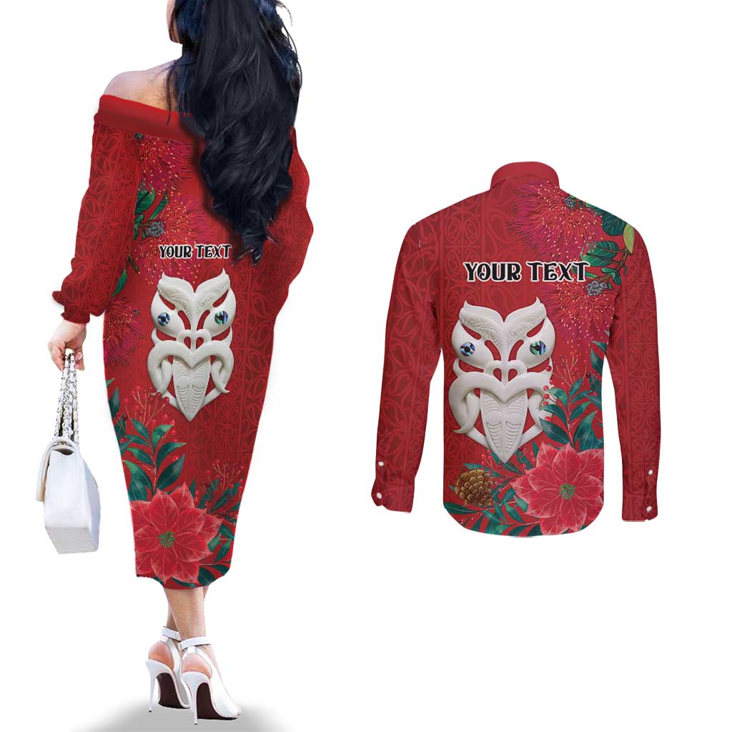 Maori Wheku Meri Kirihimete Personalised Couples Matching Off The Shoulder Long Sleeve Dress and Long Sleeve Button Shirt All Red Indigenous Maori Motif - Polynesian Pride