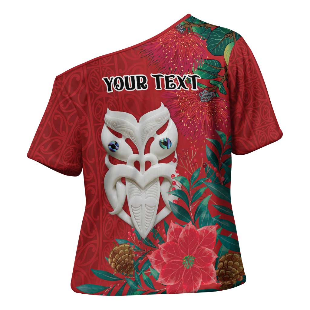 Maori Wheku Meri Kirihimete Personalised Cross Shoulder Shirt All Red Indigenous Maori Motif - Polynesian Pride