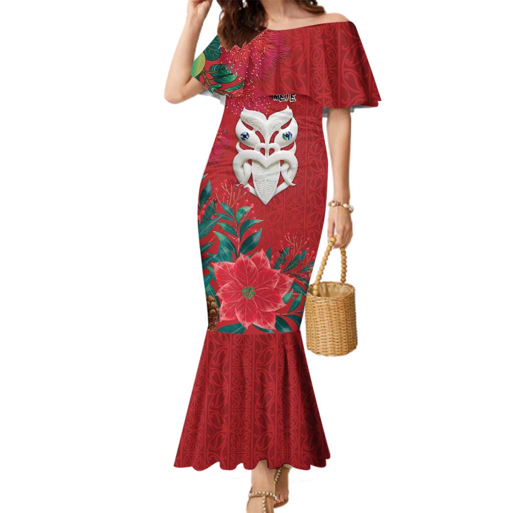 Maori Wheku Meri Kirihimete Personalised Family Matching Mermaid Dress and Hawaiian Shirt All Red Indigenous Maori Motif - Polynesian Pride