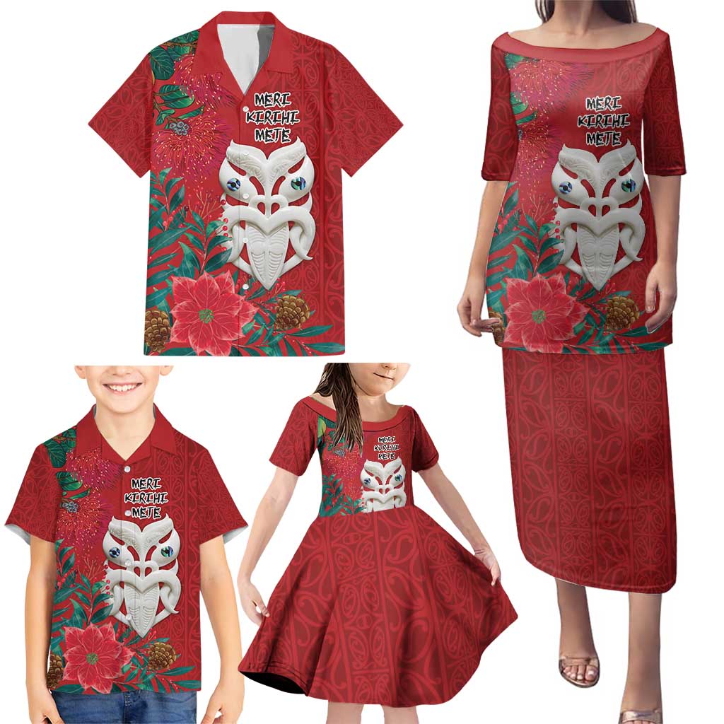 Maori Wheku Meri Kirihimete Personalised Family Matching Puletasi and Hawaiian Shirt All Red Indigenous Maori Motif - Polynesian Pride