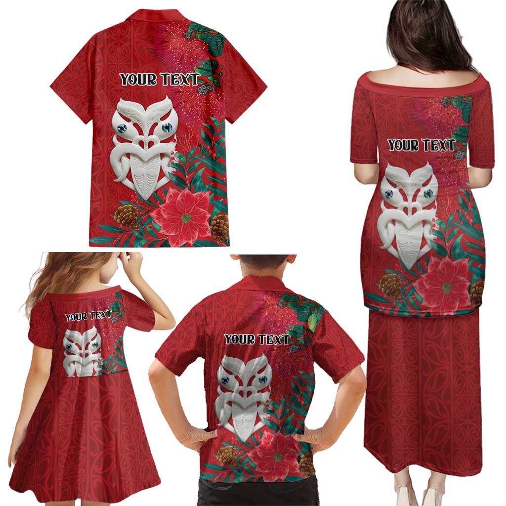 Maori Wheku Meri Kirihimete Personalised Family Matching Puletasi and Hawaiian Shirt All Red Indigenous Maori Motif - Polynesian Pride