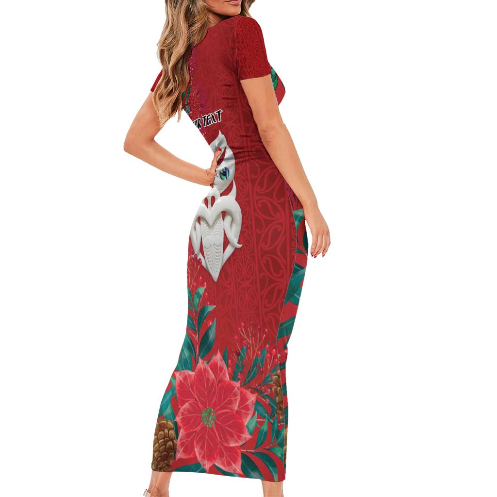 Maori Wheku Meri Kirihimete Personalised Family Matching Short Sleeve Bodycon Dress and Hawaiian Shirt All Red Indigenous Maori Motif - Polynesian Pride