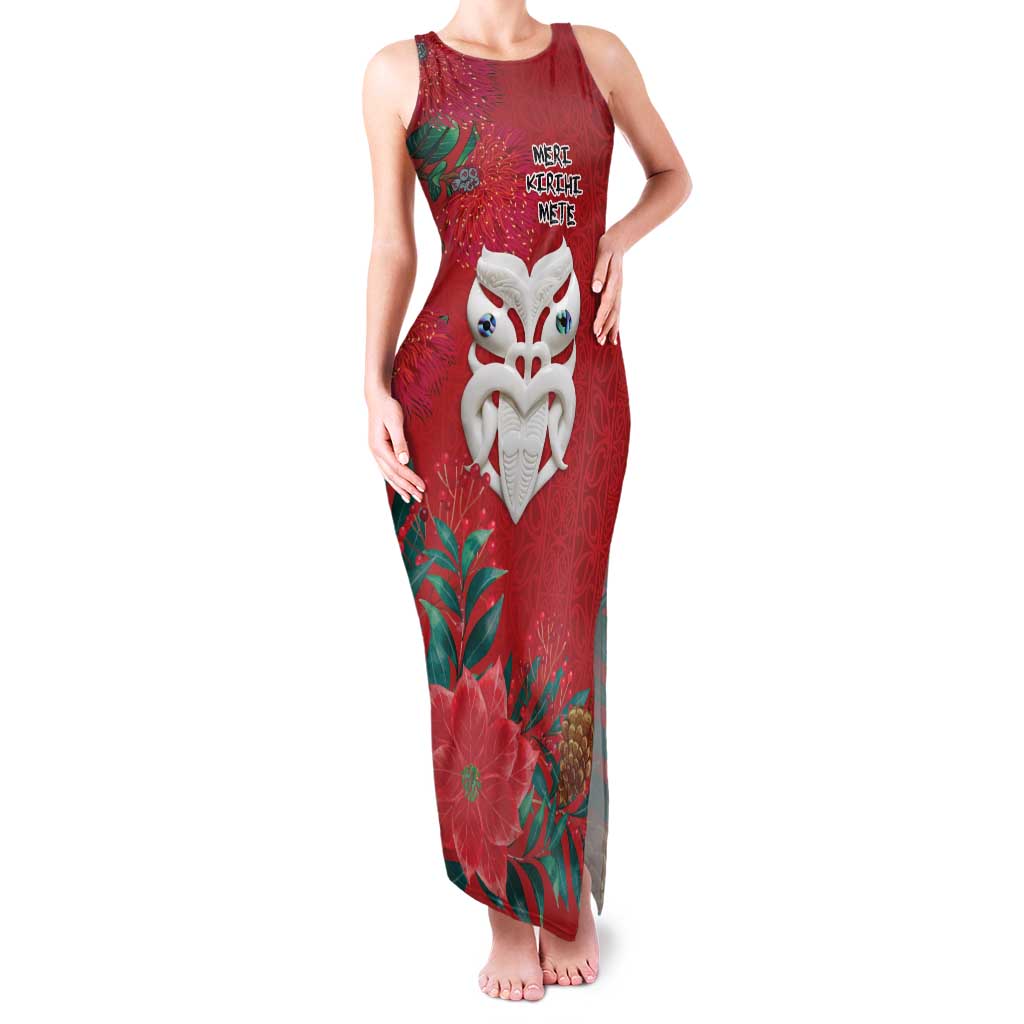 Maori Wheku Meri Kirihimete Personalised Family Matching Tank Maxi Dress and Hawaiian Shirt All Red Indigenous Maori Motif - Polynesian Pride