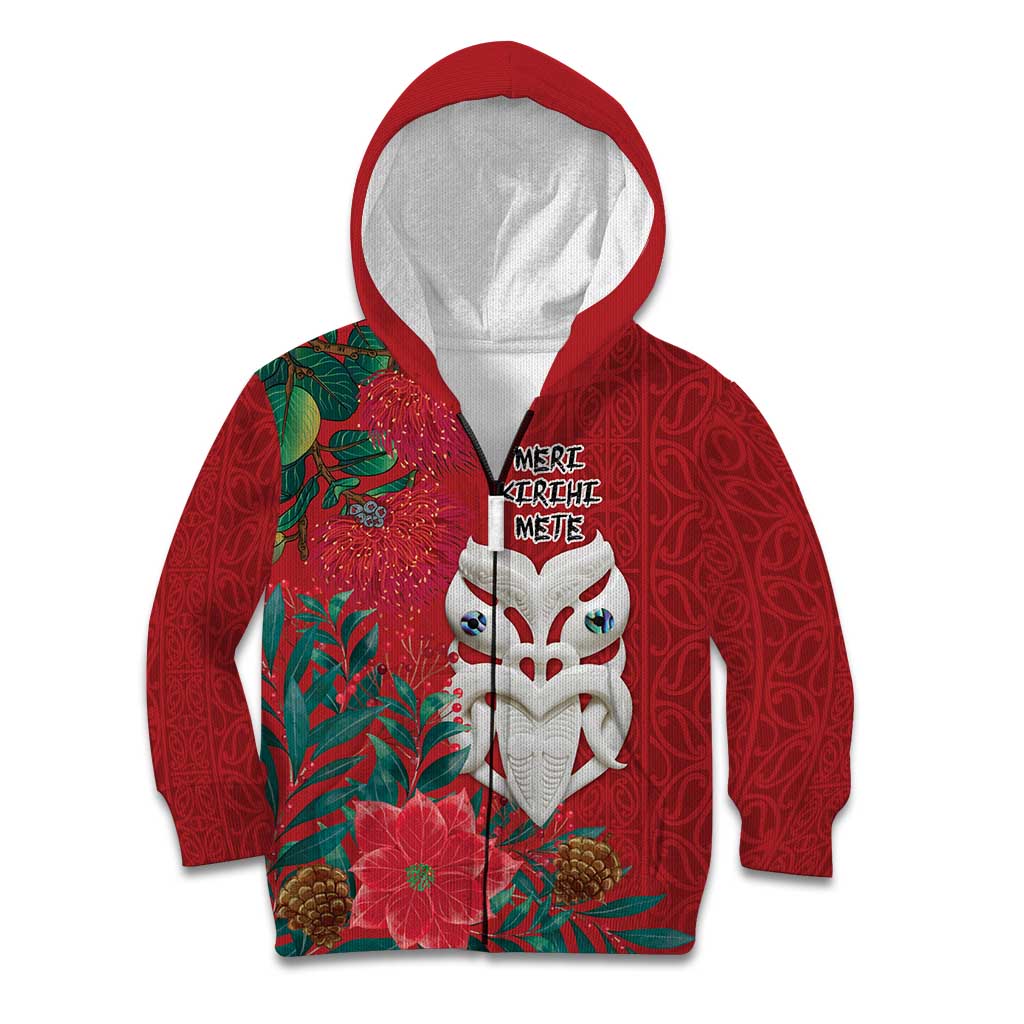 Maori Wheku Meri Kirihimete Personalised Kid Hoodie All Red Indigenous Maori Motif - Polynesian Pride