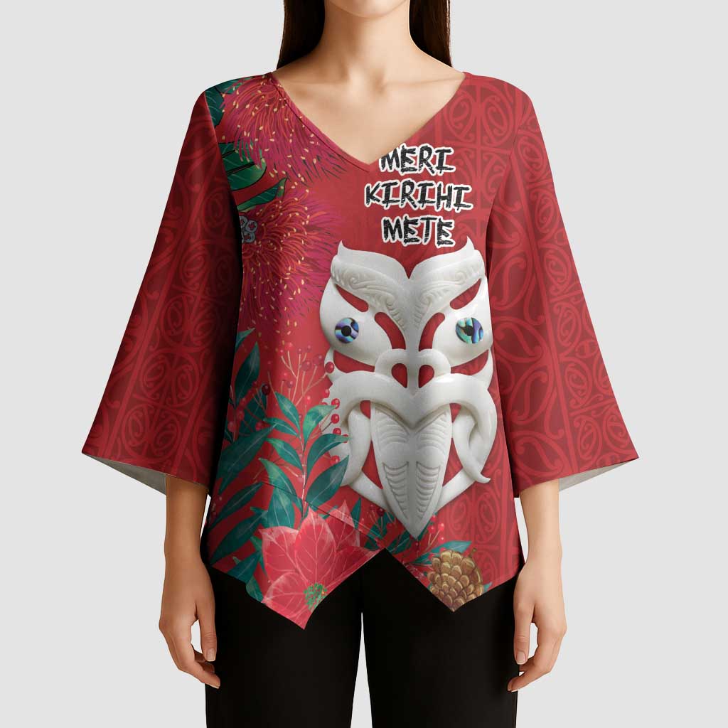 Maori Wheku Meri Kirihimete Personalised Kimono Sleeve Blouse All Red Indigenous Maori Motif - Polynesian Pride