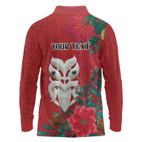 Maori Wheku Meri Kirihimete Personalised Long Sleeve Polo Shirt All Red Indigenous Maori Motif - Polynesian Pride