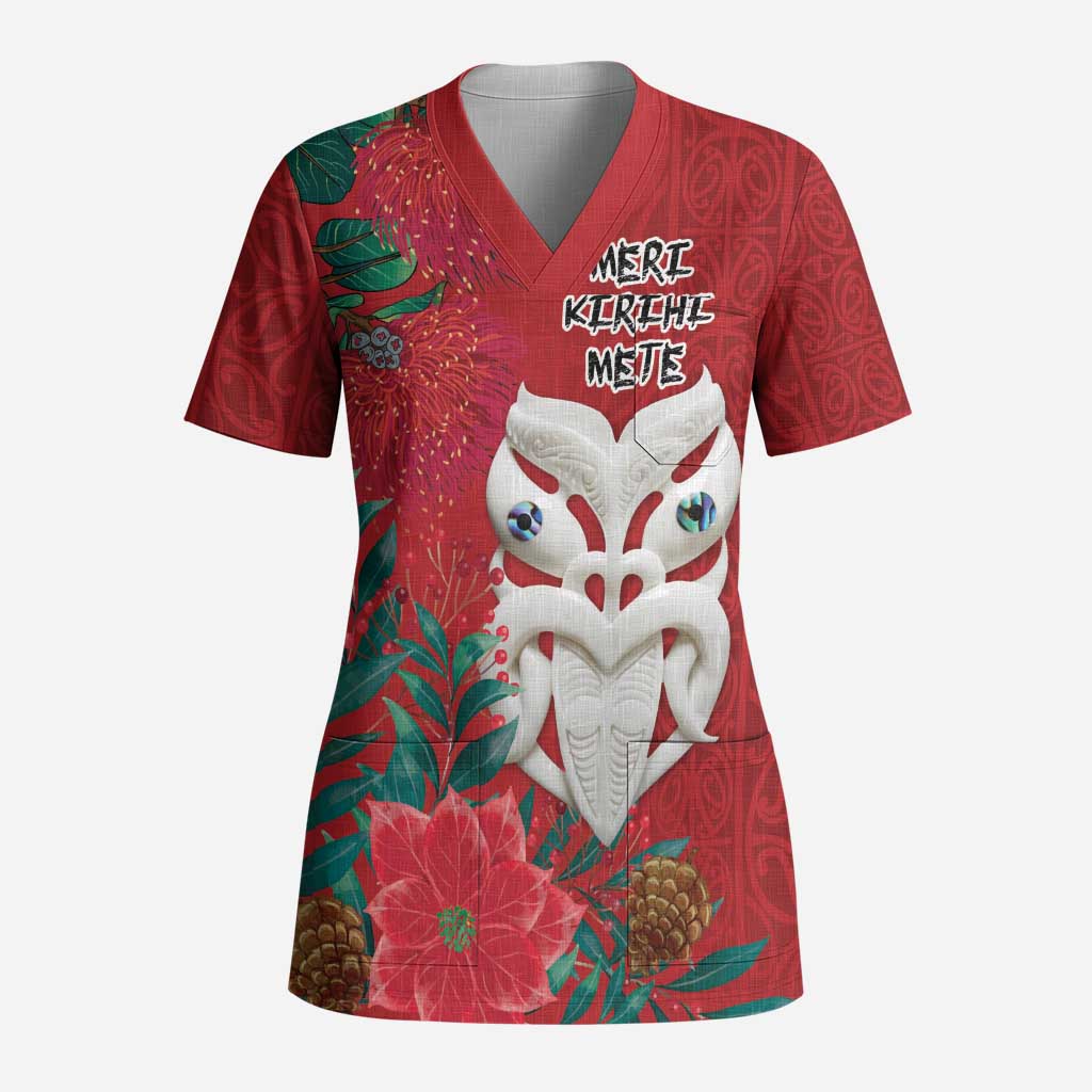 Maori Wheku Meri Kirihimete Personalised Scrub Top All Red Indigenous Maori Motif LT9 Adult Red - Polynesian Pride