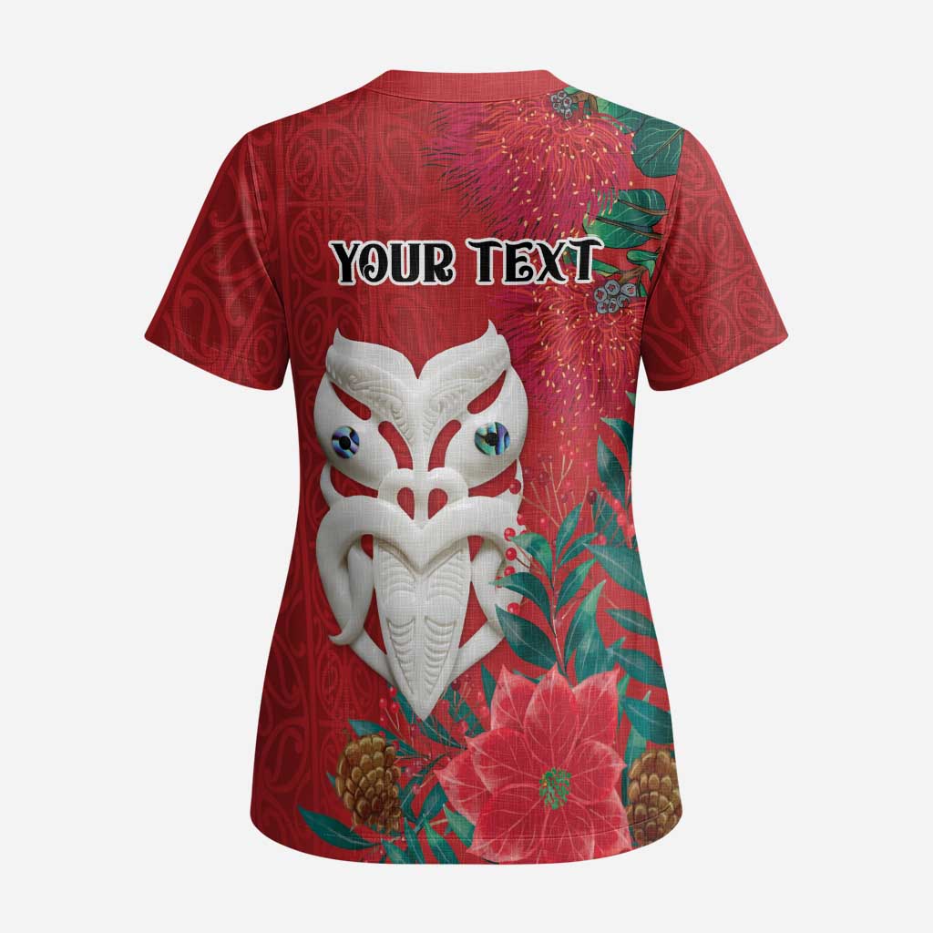 Maori Wheku Meri Kirihimete Personalised Scrub Top All Red Indigenous Maori Motif - Polynesian Pride