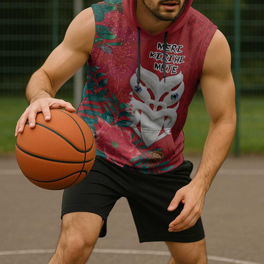 Maori Wheku Meri Kirihimete Personalised Sleeveless Hoodie All Red Indigenous Maori Motif - Polynesian Pride