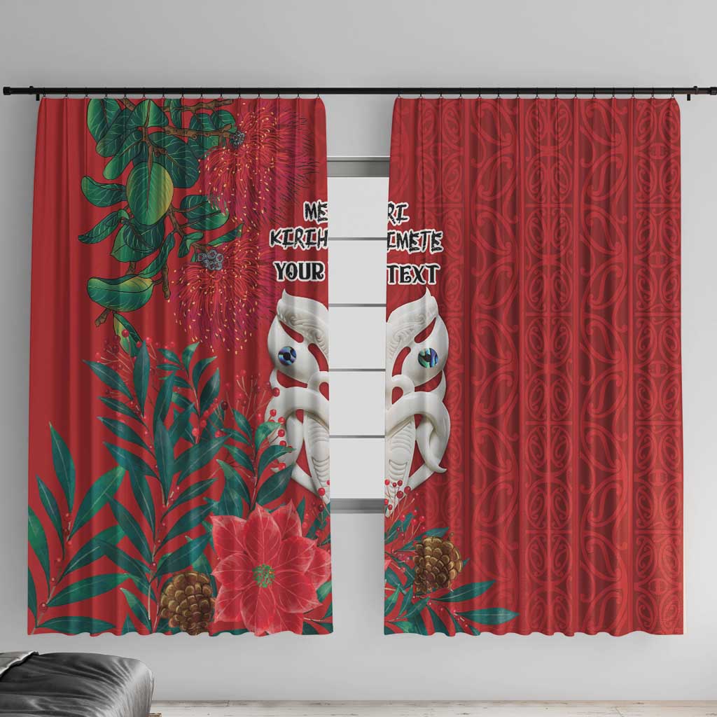 Maori Wheku Meri Kirihimete Personalised Window Curtain All Red Indigenous Maori Motif LT9 With Hooks Red - Polynesian Pride
