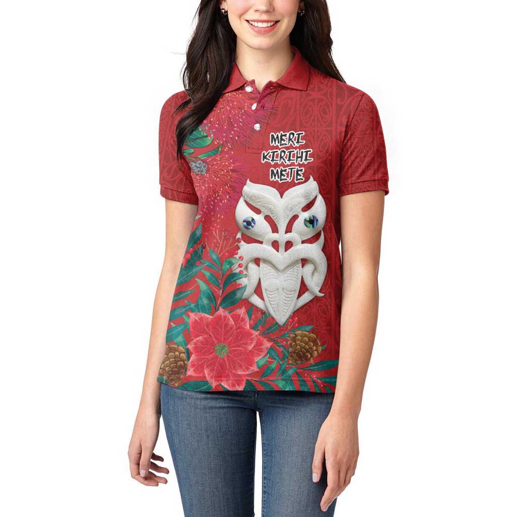 Maori Wheku Meri Kirihimete Personalised Women Polo Shirt All Red Indigenous Maori Motif - Polynesian Pride