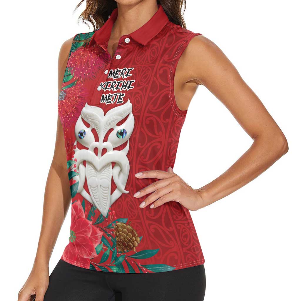 Maori Wheku Meri Kirihimete Personalised Women Sleeveless Polo Shirt All Red Indigenous Maori Motif - Polynesian Pride