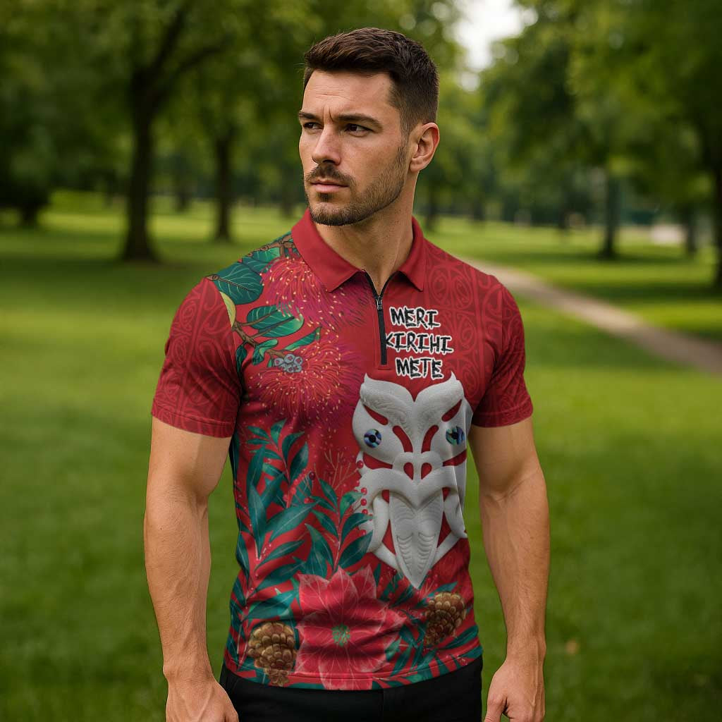 Maori Wheku Meri Kirihimete Personalised Zipper Polo Shirt All Red Indigenous Maori Motif - Polynesian Pride