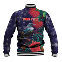 Tui Meri Kirihimete Personalised Baseball Jacket Pohutukawa Flowers Blue Motif - Polynesian Pride