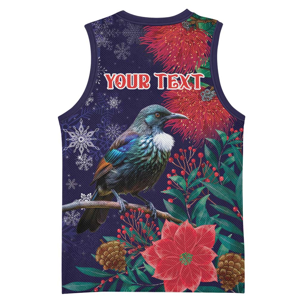 Tui Meri Kirihimete Personalised Basketball Jersey Pohutukawa Flowers Blue Motif - Polynesian Pride
