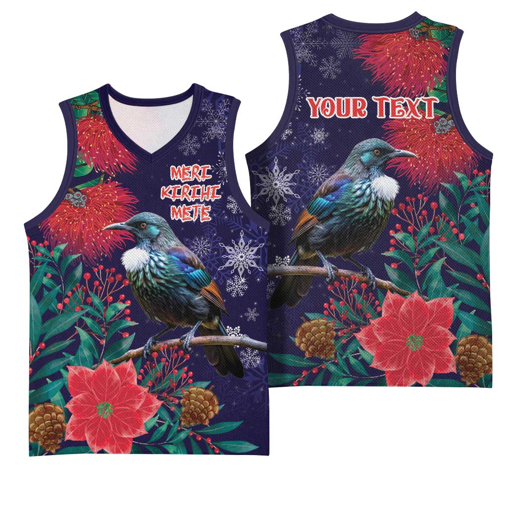 Tui Meri Kirihimete Personalised Basketball Jersey Pohutukawa Flowers Blue Motif - Polynesian Pride