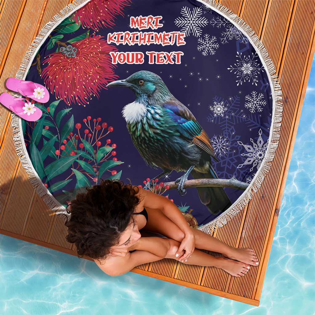 Tui Meri Kirihimete Personalised Beach Blanket Pohutukawa Flowers Blue Motif - Polynesian Pride