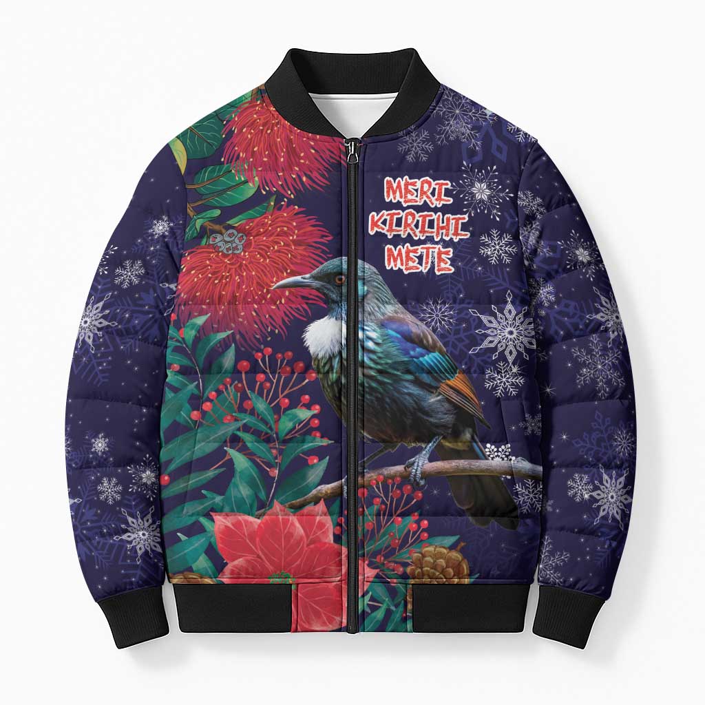 Tui Meri Kirihimete Personalised Bomber Puffer Jacket Pohutukawa Flowers Blue Motif - Polynesian Pride