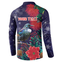 Tui Meri Kirihimete Personalised Button Sweatshirt Pohutukawa Flowers Blue Motif - Polynesian Pride