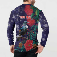 Tui Meri Kirihimete Personalised Button Sweatshirt Pohutukawa Flowers Blue Motif - Polynesian Pride