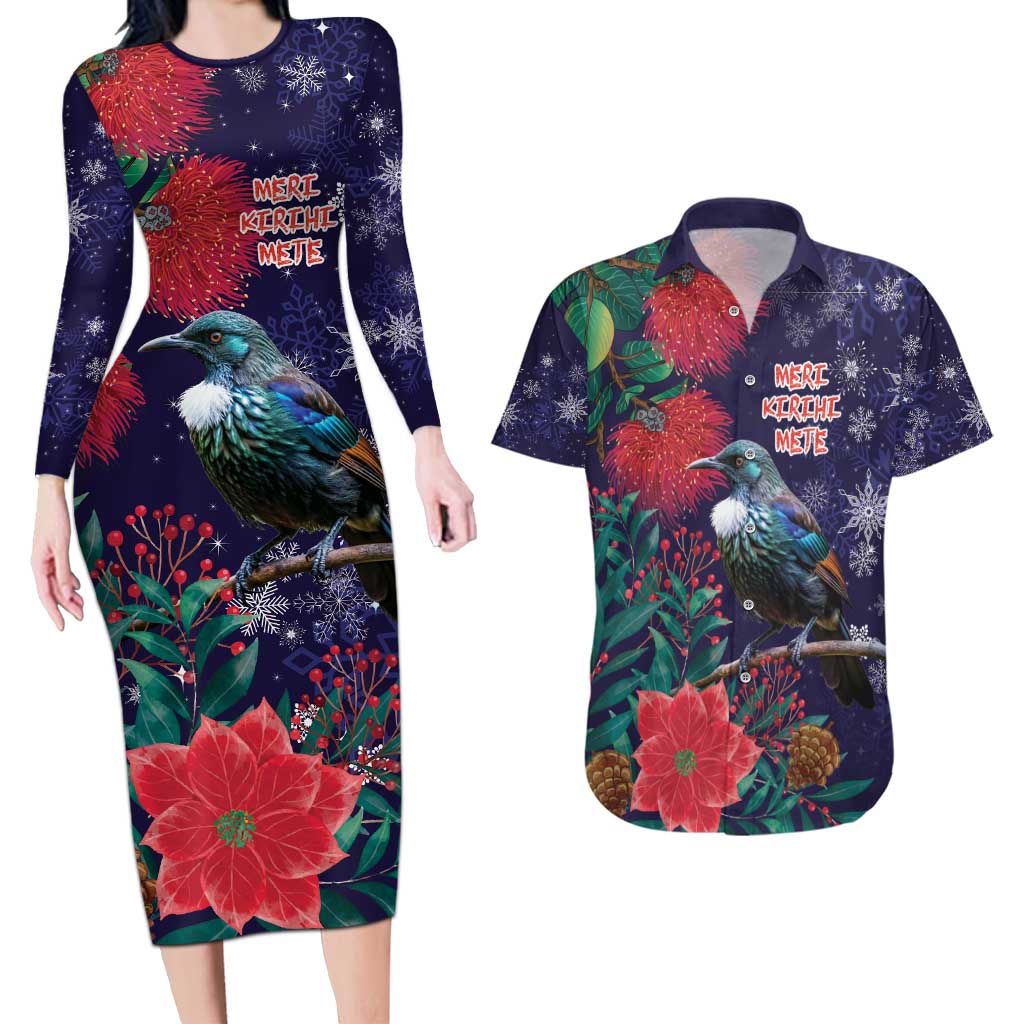 Tui Meri Kirihimete Personalised Couples Matching Long Sleeve Bodycon Dress and Hawaiian Shirt Pohutukawa Flowers Blue Motif - Polynesian Pride