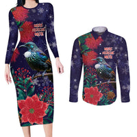 Tui Meri Kirihimete Personalised Couples Matching Long Sleeve Bodycon Dress and Long Sleeve Button Shirt Pohutukawa Flowers Blue Motif - Polynesian Pride