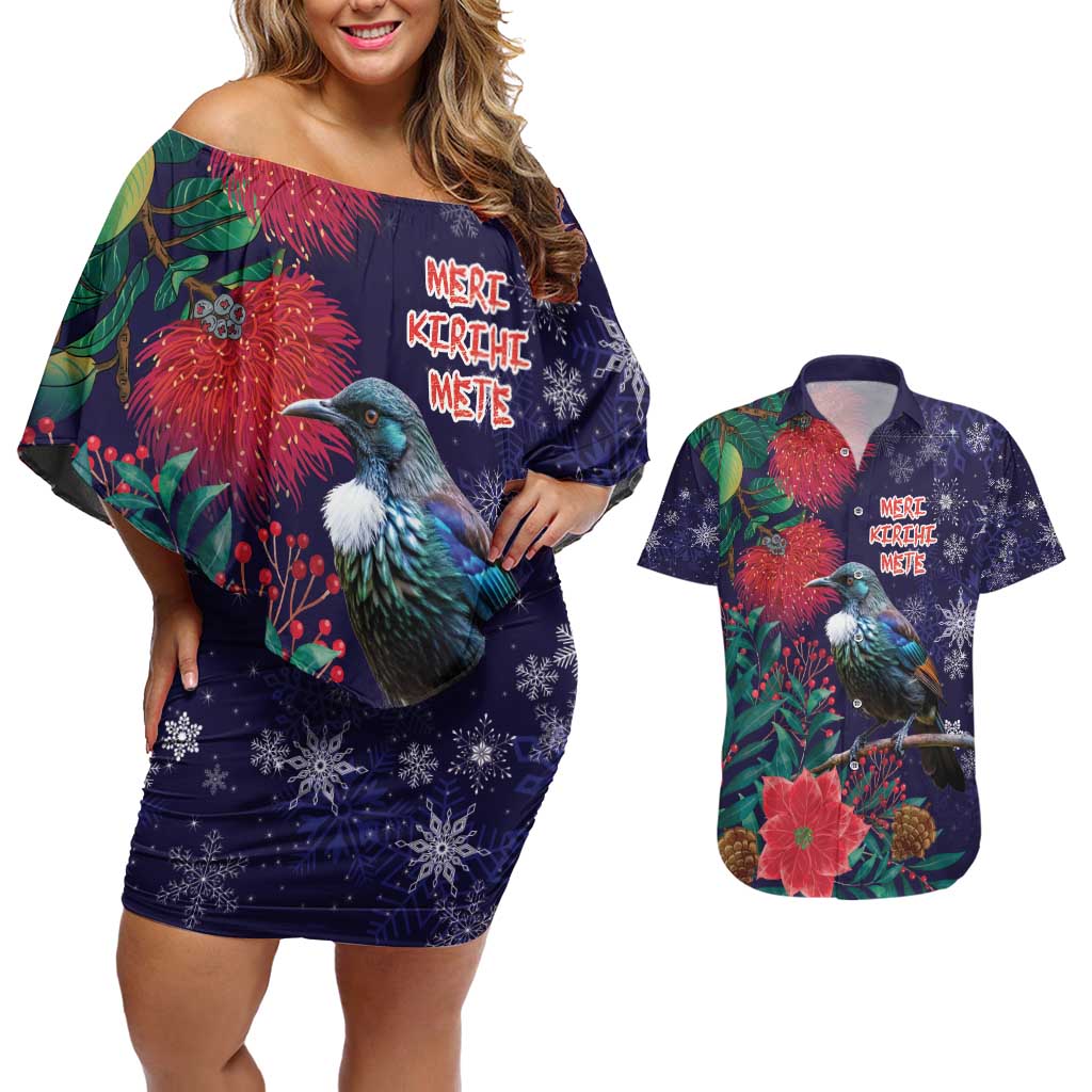 Tui Meri Kirihimete Personalised Couples Matching Off Shoulder Short Dress and Hawaiian Shirt Pohutukawa Flowers Blue Motif - Polynesian Pride