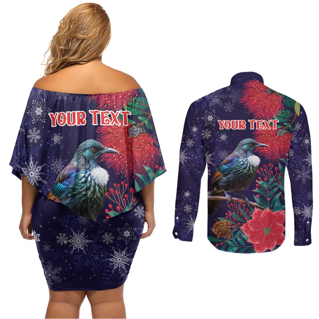 Tui Meri Kirihimete Personalised Couples Matching Off Shoulder Short Dress and Long Sleeve Button Shirt Pohutukawa Flowers Blue Motif - Polynesian Pride