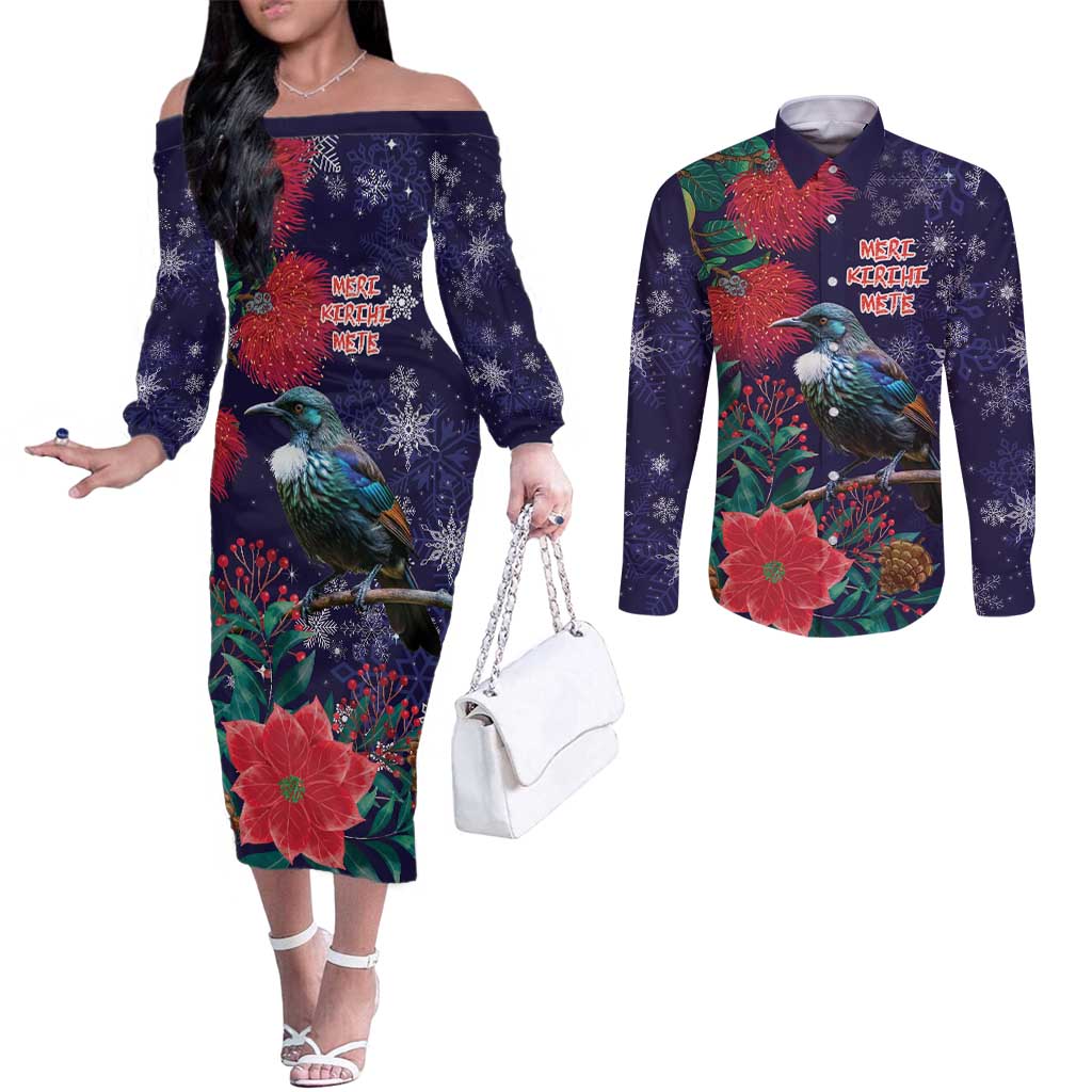 Tui Meri Kirihimete Personalised Couples Matching Off The Shoulder Long Sleeve Dress and Long Sleeve Button Shirt Pohutukawa Flowers Blue Motif - Polynesian Pride