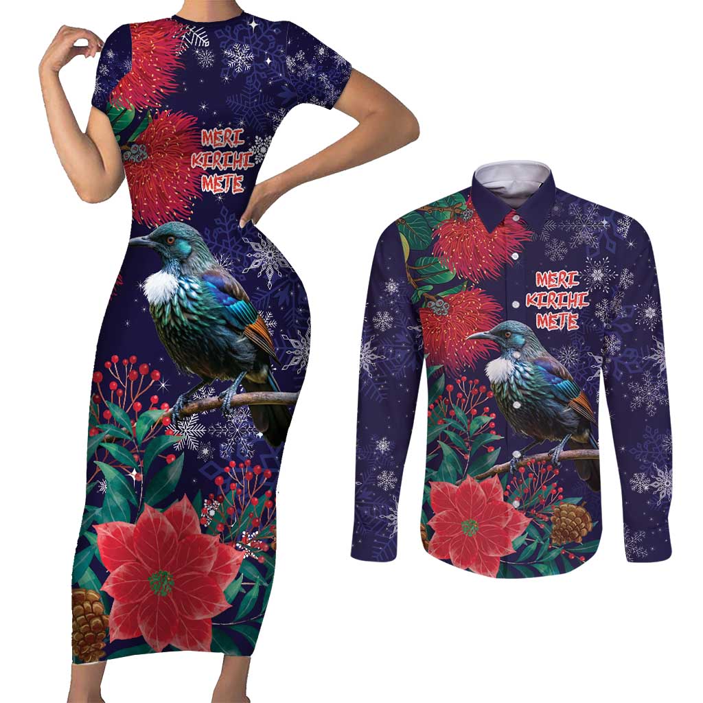 Tui Meri Kirihimete Personalised Couples Matching Short Sleeve Bodycon Dress and Long Sleeve Button Shirt Pohutukawa Flowers Blue Motif - Polynesian Pride