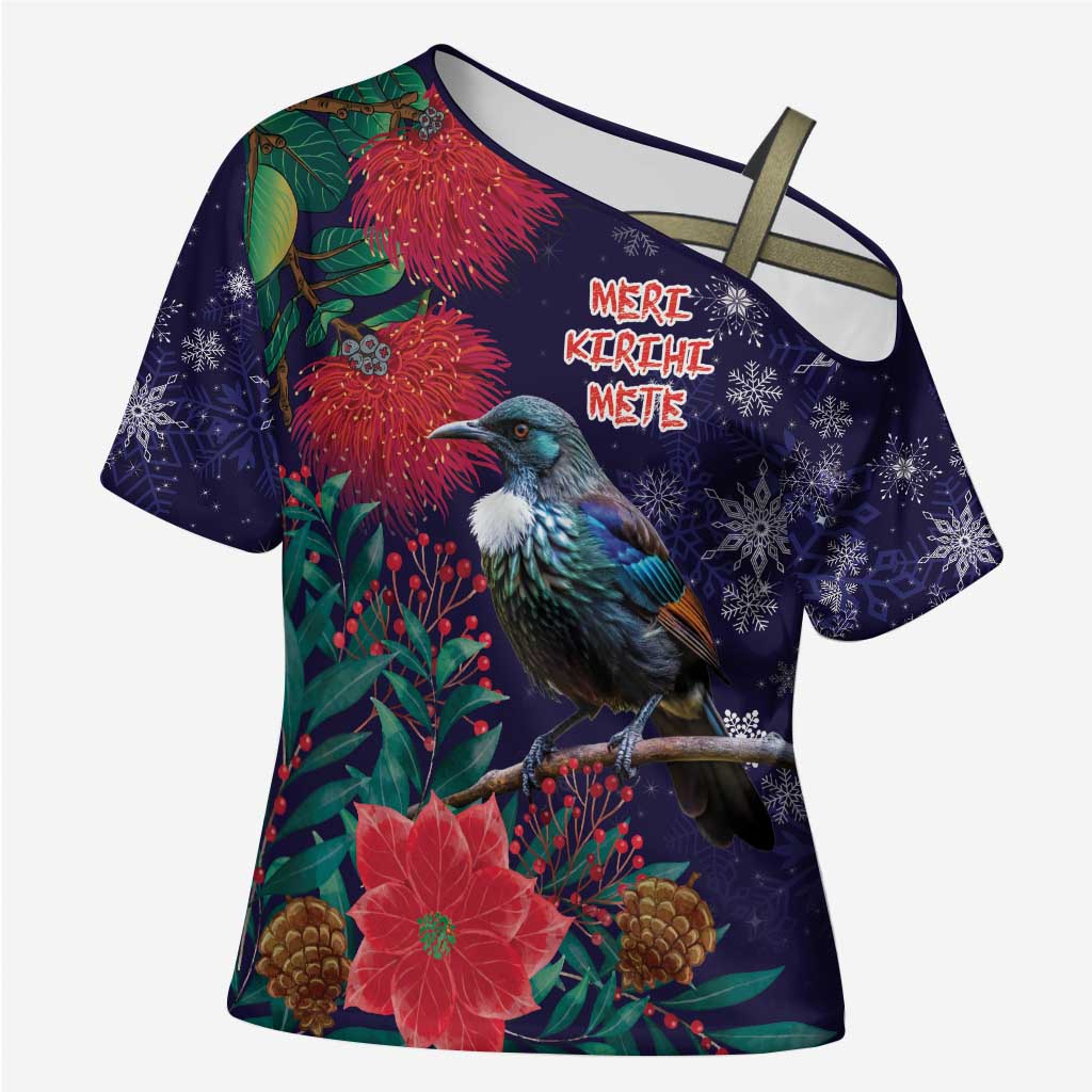 Tui Meri Kirihimete Personalised Cross Shoulder Shirt Pohutukawa Flowers Blue Motif - Polynesian Pride