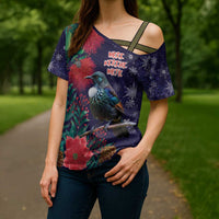 Tui Meri Kirihimete Personalised Cross Shoulder Shirt Pohutukawa Flowers Blue Motif - Polynesian Pride