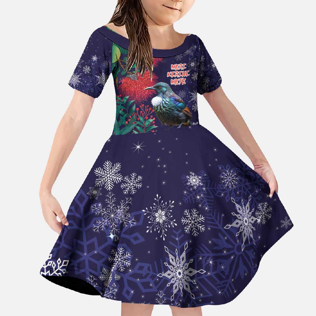 Tui Meri Kirihimete Personalised Family Matching Long Sleeve Bodycon Dress and Hawaiian Shirt Pohutukawa Flowers Blue Motif - Polynesian Pride