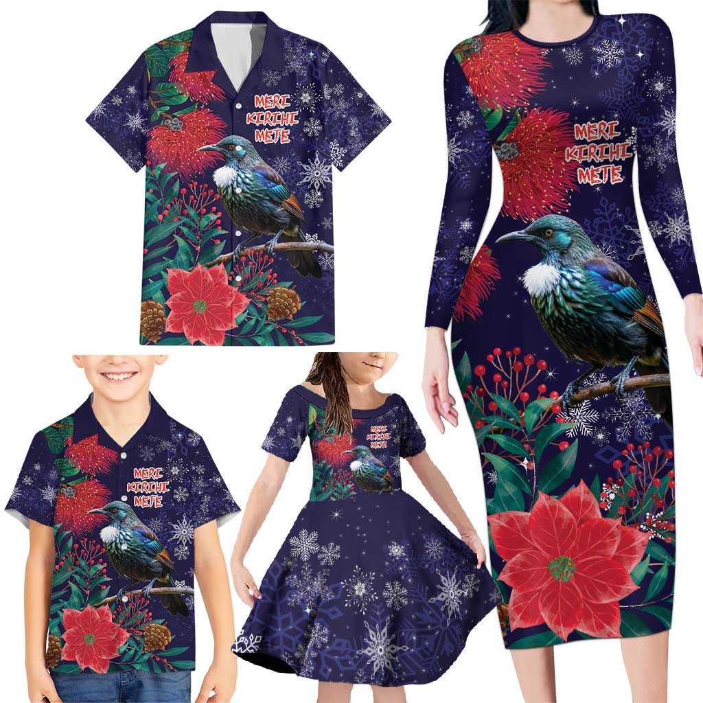 Tui Meri Kirihimete Personalised Family Matching Long Sleeve Bodycon Dress and Hawaiian Shirt Pohutukawa Flowers Blue Motif - Polynesian Pride