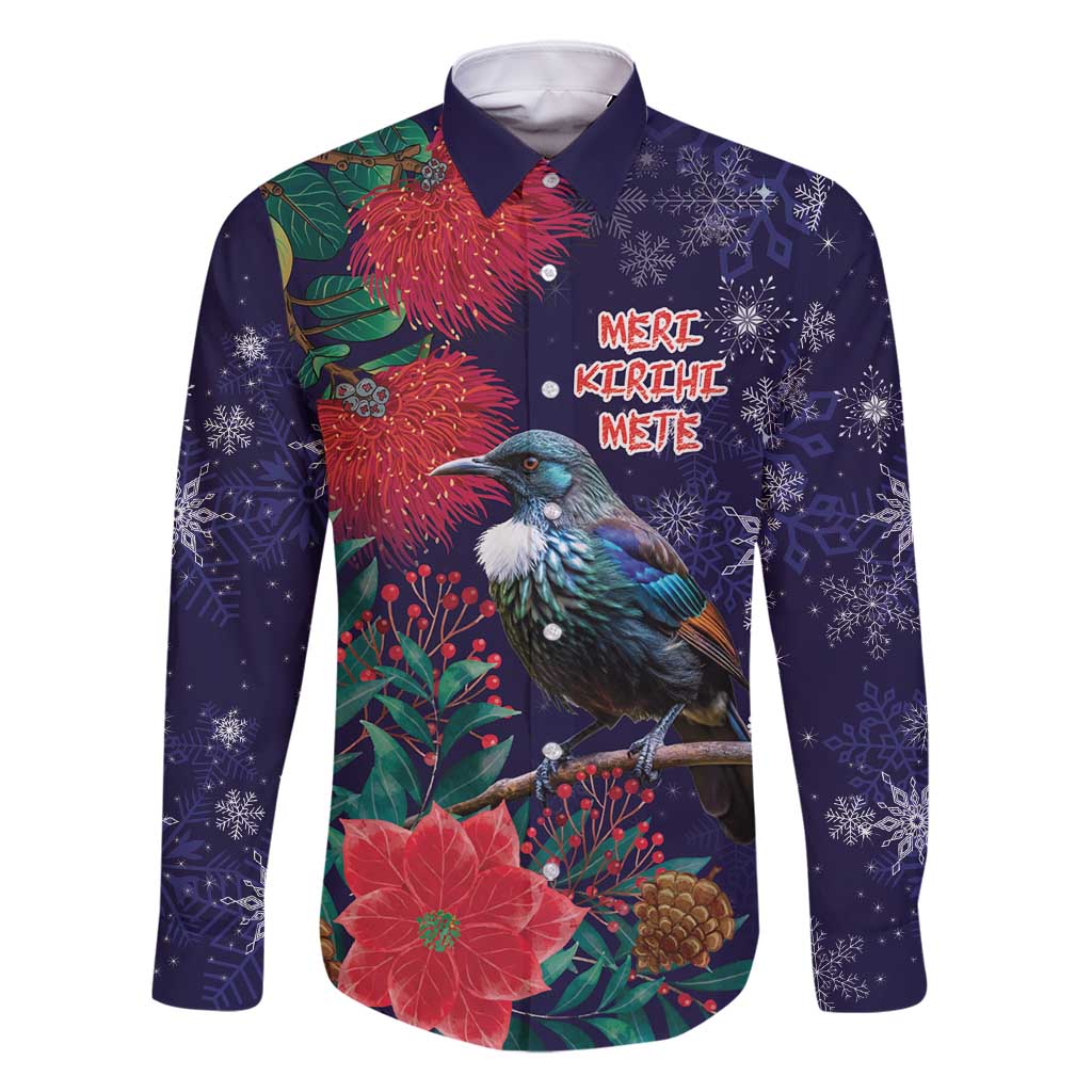 Tui Meri Kirihimete Personalised Family Matching Long Sleeve Bodycon Dress and Hawaiian Shirt Pohutukawa Flowers Blue Motif - Polynesian Pride