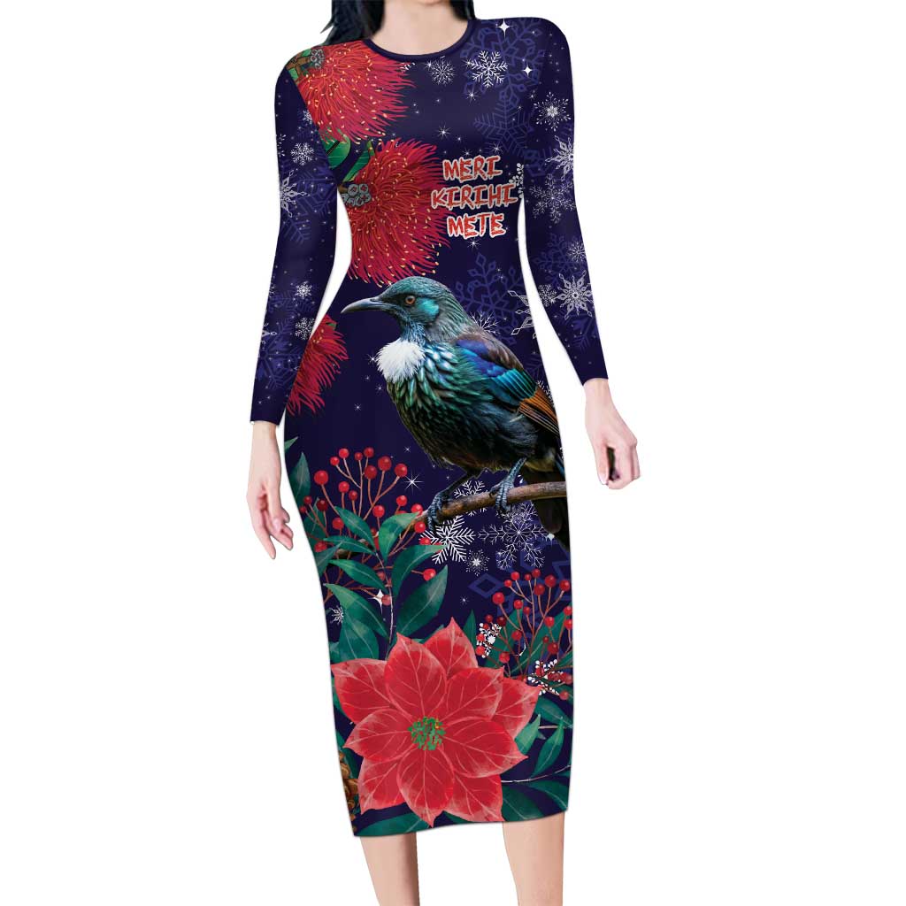 Tui Meri Kirihimete Personalised Family Matching Long Sleeve Bodycon Dress and Hawaiian Shirt Pohutukawa Flowers Blue Motif - Polynesian Pride