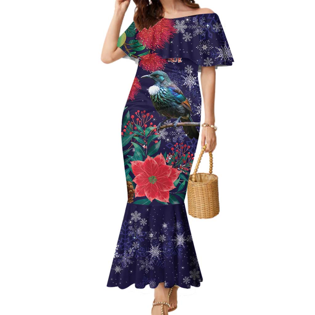 Tui Meri Kirihimete Personalised Family Matching Mermaid Dress and Hawaiian Shirt Pohutukawa Flowers Blue Motif - Polynesian Pride