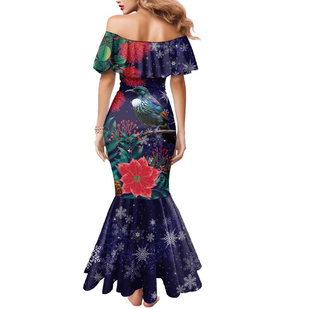 Tui Meri Kirihimete Personalised Family Matching Mermaid Dress and Hawaiian Shirt Pohutukawa Flowers Blue Motif - Polynesian Pride