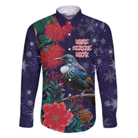 Tui Meri Kirihimete Personalised Family Matching Off Shoulder Short Dress and Hawaiian Shirt Pohutukawa Flowers Blue Motif - Polynesian Pride