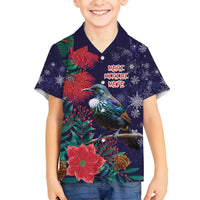 Tui Meri Kirihimete Personalised Family Matching Off Shoulder Short Dress and Hawaiian Shirt Pohutukawa Flowers Blue Motif - Polynesian Pride