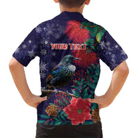 Tui Meri Kirihimete Personalised Family Matching Puletasi and Hawaiian Shirt Pohutukawa Flowers Blue Motif - Polynesian Pride