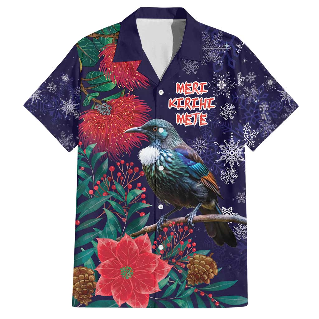 Tui Meri Kirihimete Personalised Family Matching Puletasi and Hawaiian Shirt Pohutukawa Flowers Blue Motif - Polynesian Pride