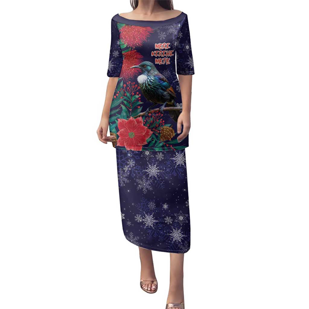 Tui Meri Kirihimete Personalised Family Matching Puletasi and Hawaiian Shirt Pohutukawa Flowers Blue Motif - Polynesian Pride