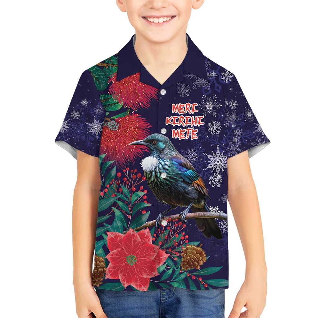 Tui Meri Kirihimete Personalised Family Matching Summer Maxi Dress and Hawaiian Shirt Pohutukawa Flowers Blue Motif - Polynesian Pride