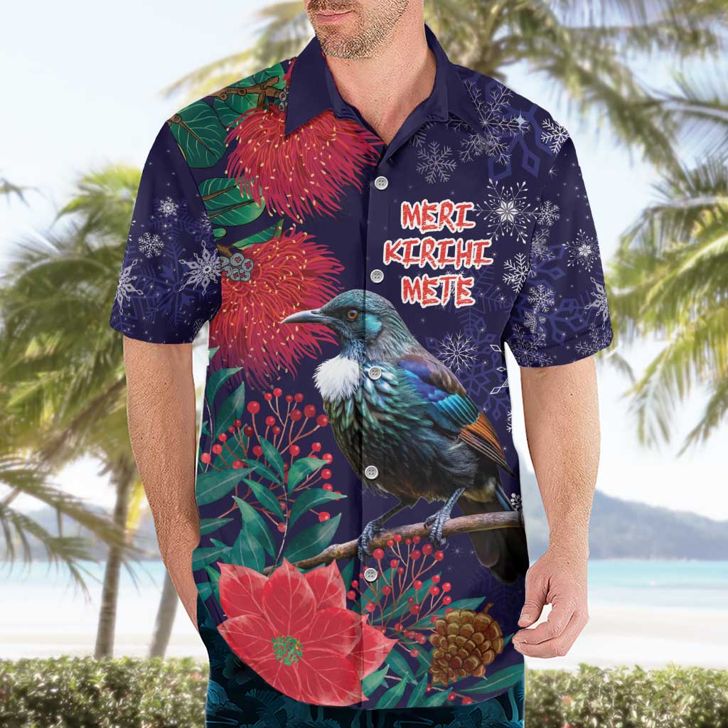 Tui Meri Kirihimete Personalised Hawaiian Shirt Pohutukawa Flowers Blue Motif - Polynesian Pride