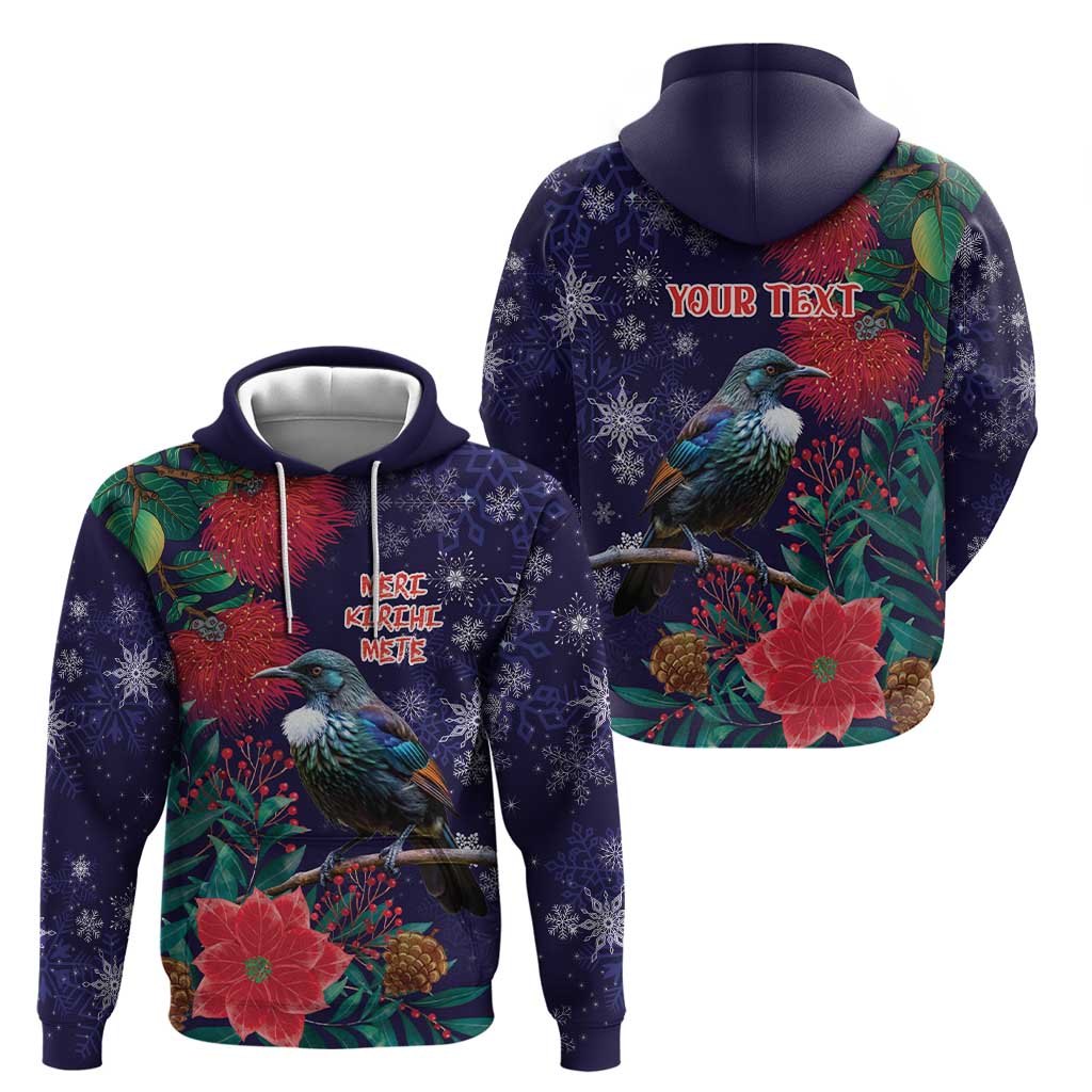 Tui Meri Kirihimete Personalised Hoodie Pohutukawa Flowers Blue Motif - Polynesian Pride