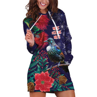 Tui Meri Kirihimete Personalised Hoodie Dress Pohutukawa Flowers Blue Motif - Polynesian Pride