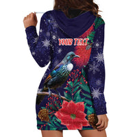 Tui Meri Kirihimete Personalised Hoodie Dress Pohutukawa Flowers Blue Motif - Polynesian Pride