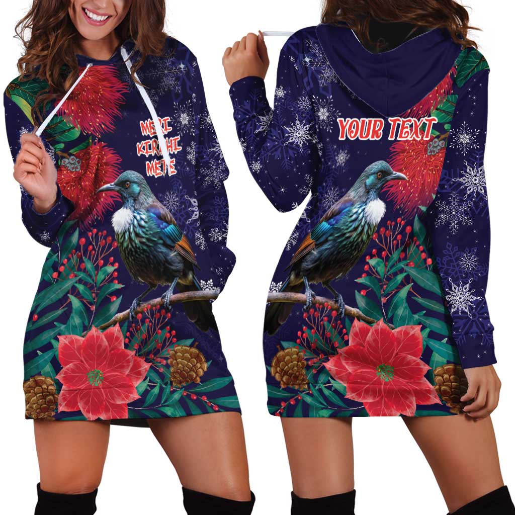 Tui Meri Kirihimete Personalised Hoodie Dress Pohutukawa Flowers Blue Motif - Polynesian Pride